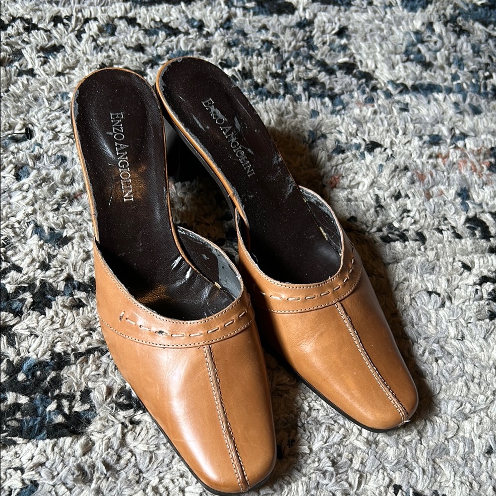 Enzo Angiolini Tan Leather Slip-On Heels